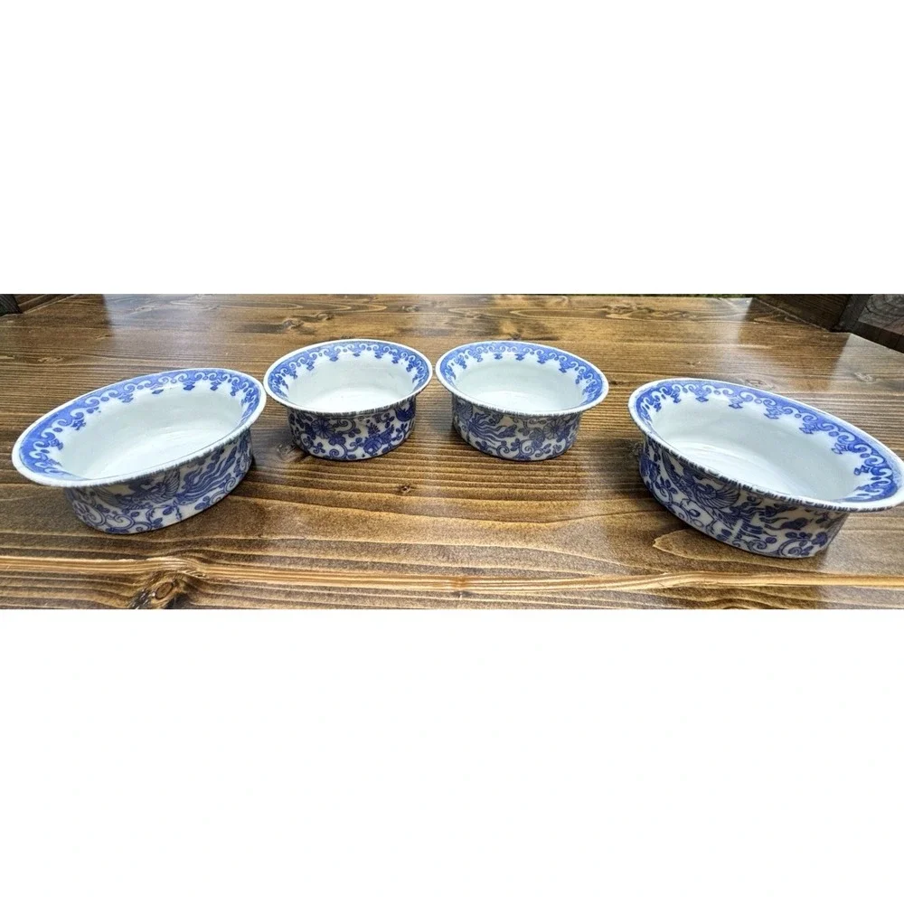 Blue White Porcelain Ramekins Set 4 Floral Bird‎ Chinoiserie Sauce Bowls